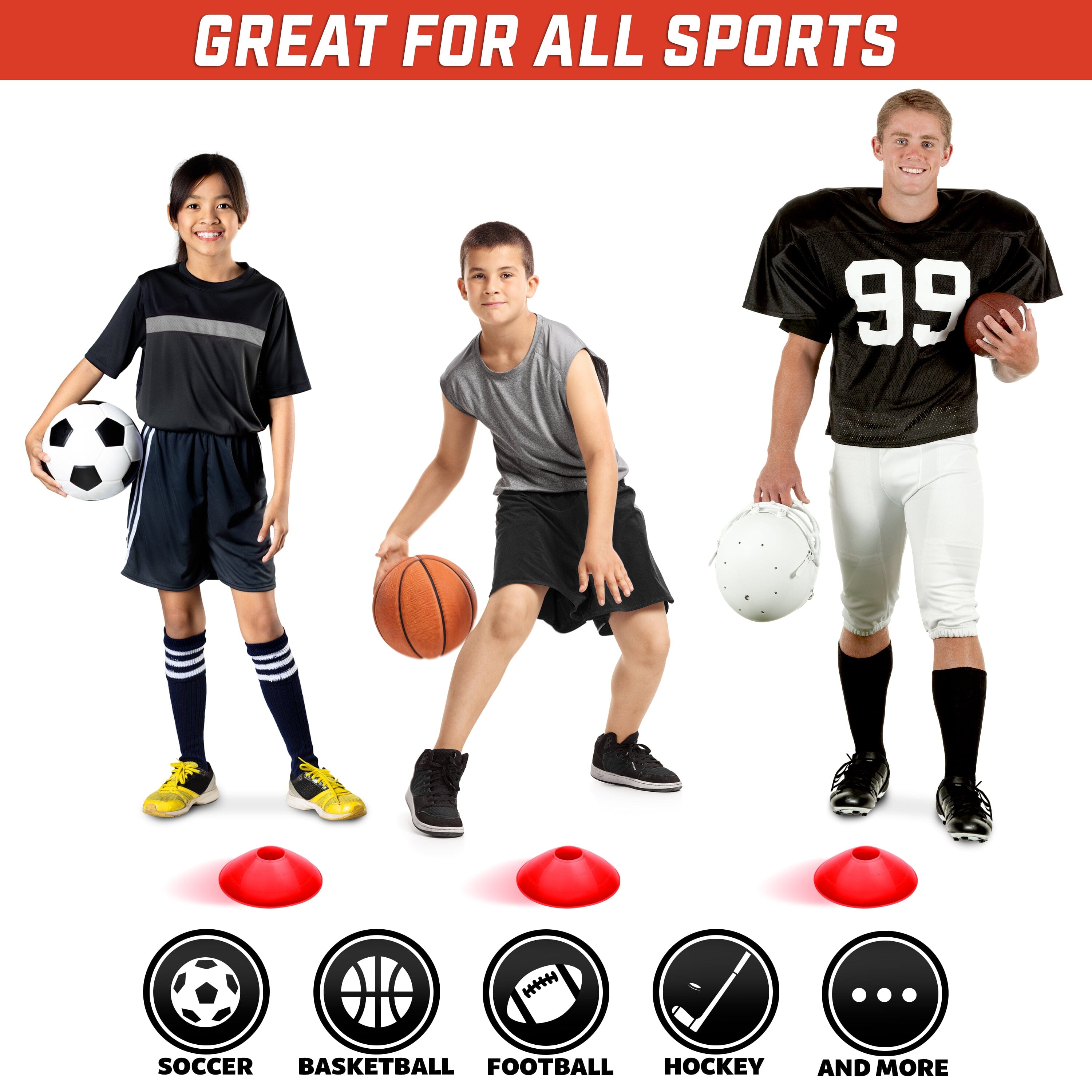 GoSports Premium Sports Cones for Training and Drills - 20 Pack with Tote - Red
