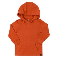 Orange toddler sun hoodie with UPF 50+ protection, eco-friendly fabric, designed for outdoor fun and sun safety.