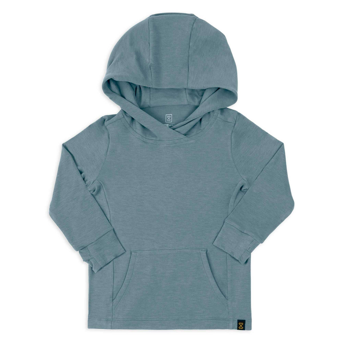 Toddler UPF50+ sun protection hoodie in soft blue with eco-friendly fabric.