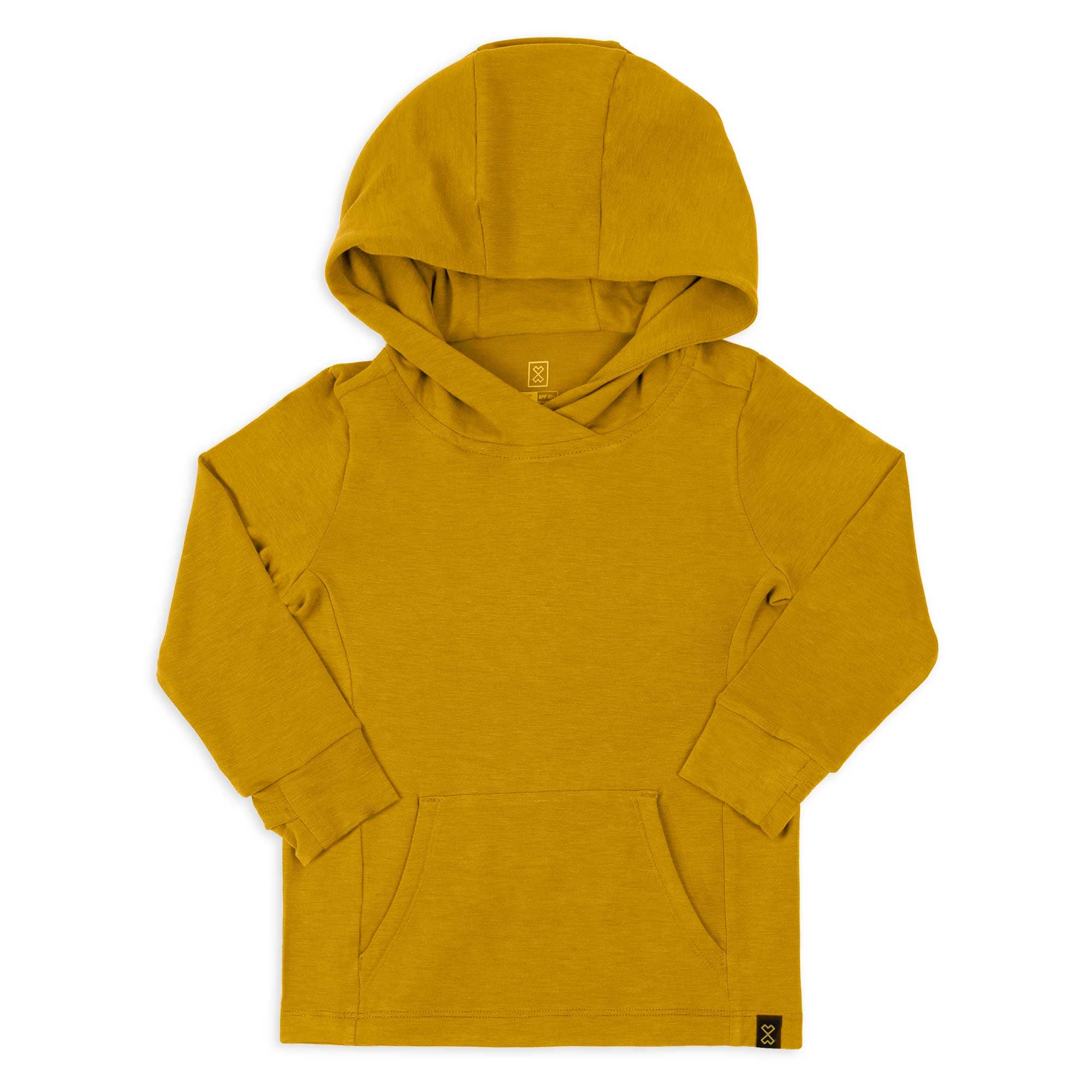 Toddler sun protection hoodie in mustard yellow with UPF 50+ rating, eco-friendly fabric, ideal for outdoor adventures.