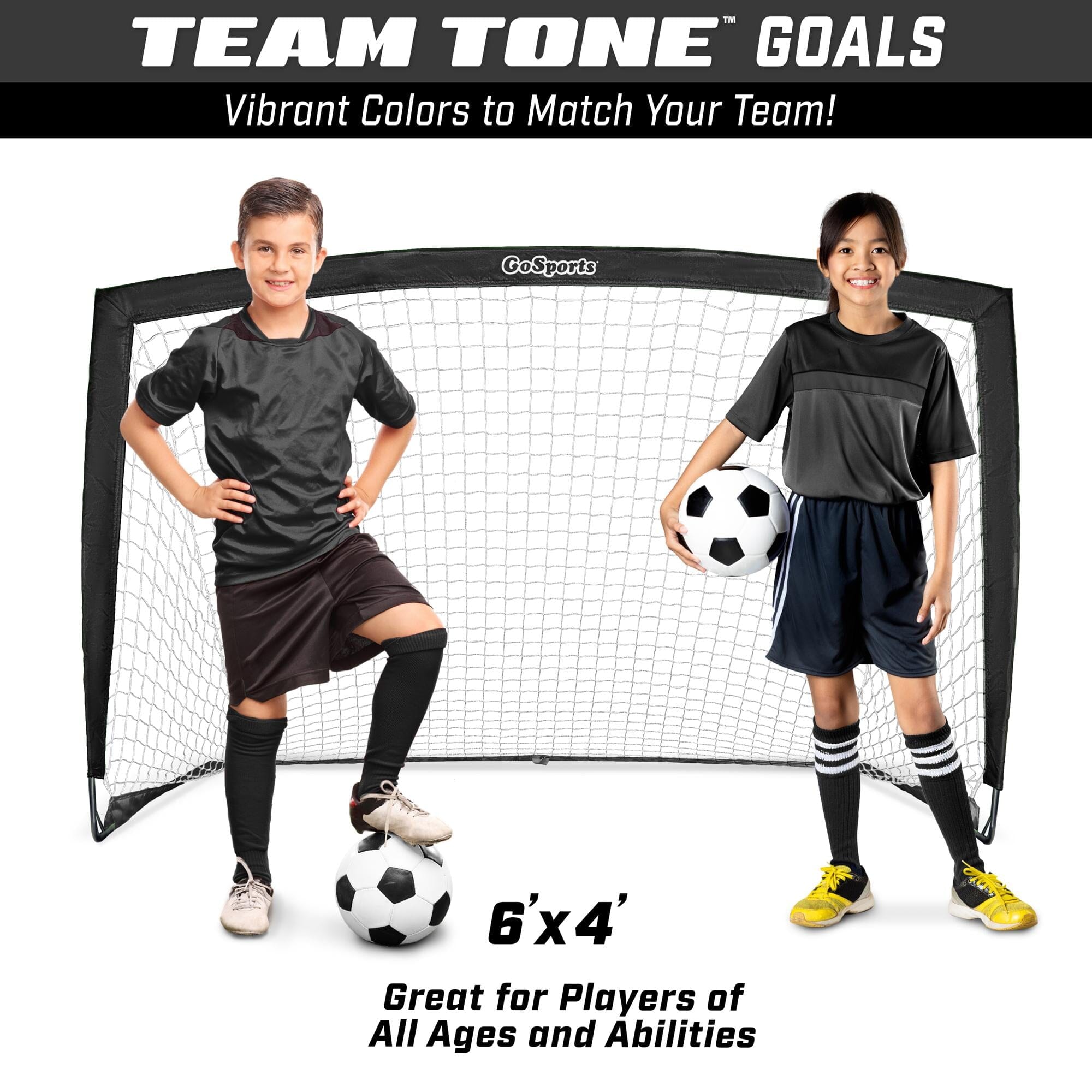 GoSports Team Tone 6 ft x 4 ft Portable Soccer Goal for Kids - Pop Up Net for Backyard - Black