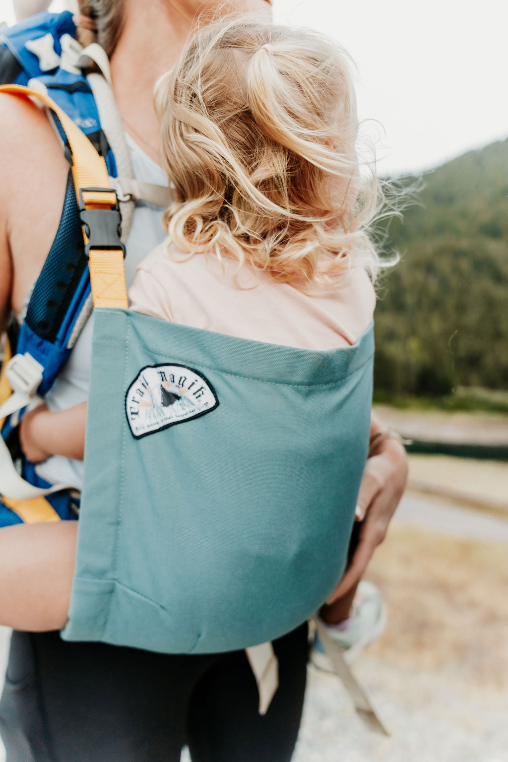Person carrying a child in a teal baby carrier with a scenic background