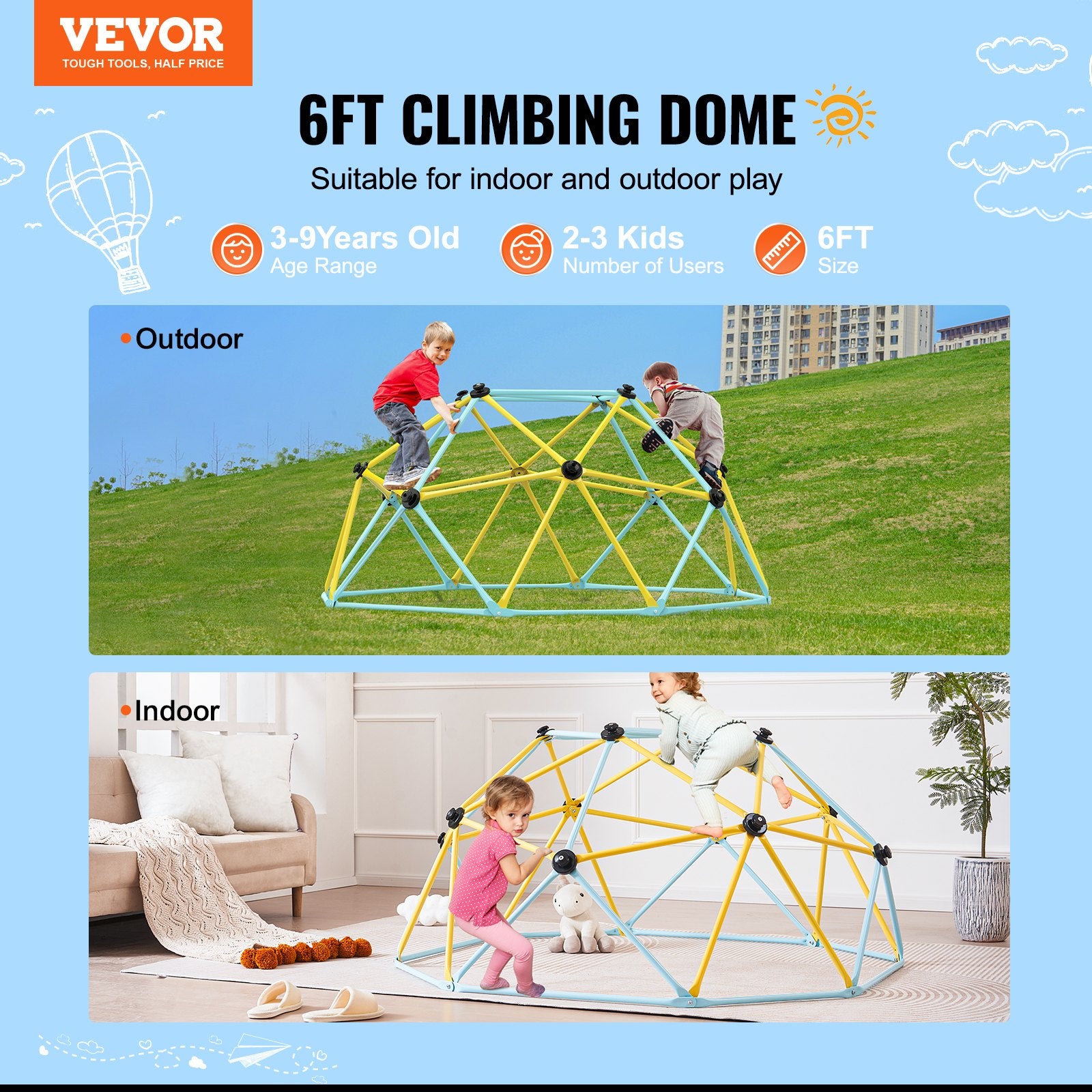 6FT Geometric Dome Climber Play Center for Kids 3 to 9 Years Old