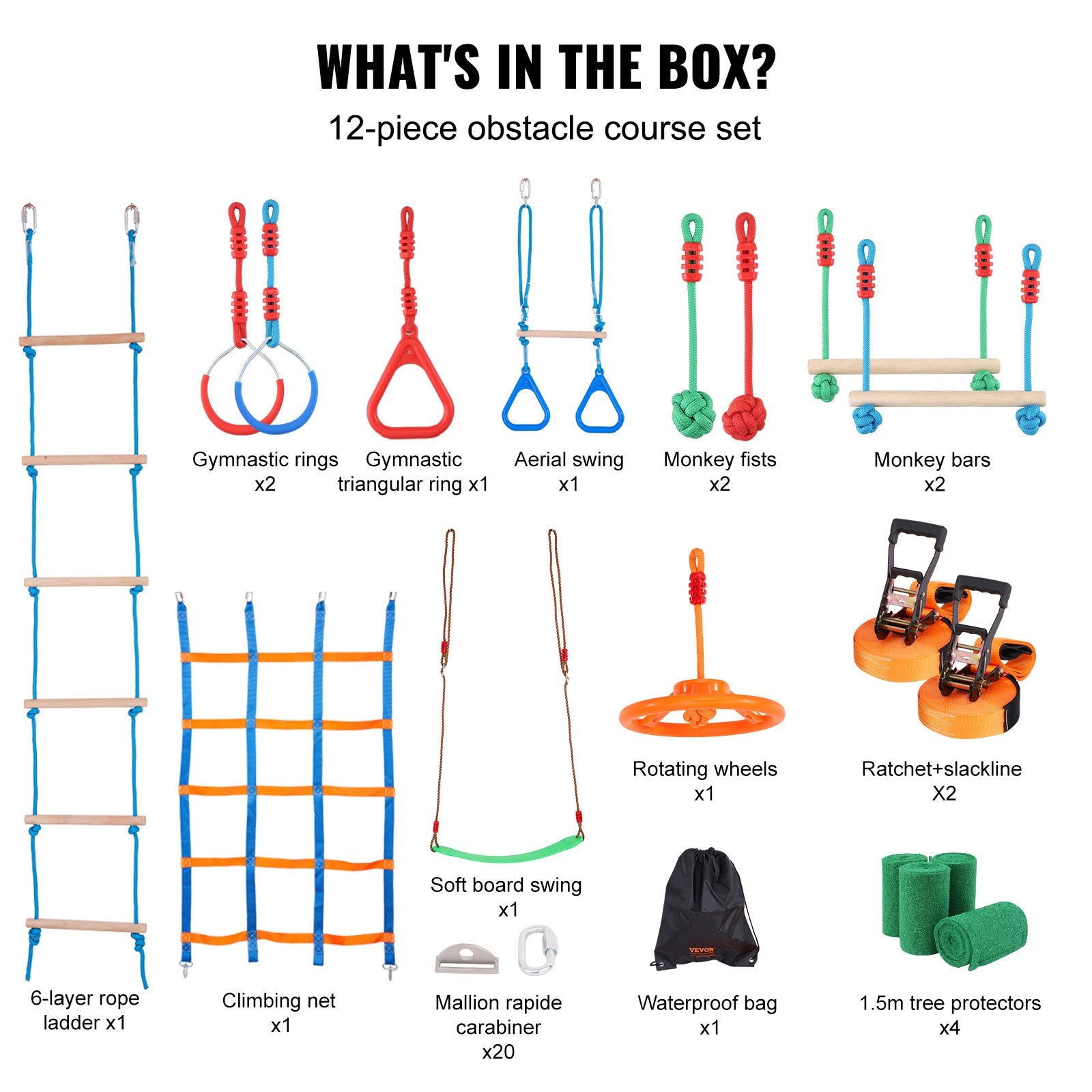 Ninja Warrior Obstacle Course Set with 12 Obstacles for Kids